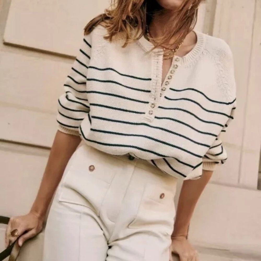 Sezane Leontine Striped Button-Up Knit Sweater